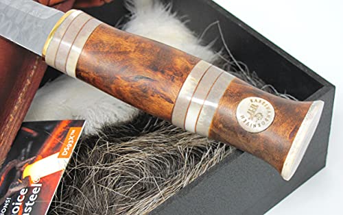 Outdoor Merchants Swedish Handmade Hunting Knife Karesuando Damascus Blade Curly Birch & Reindeer Antler