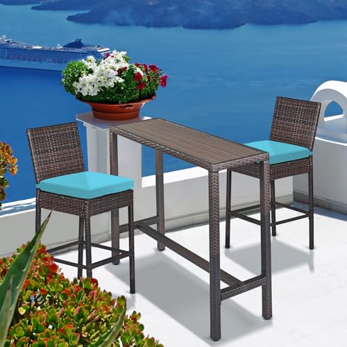 Patio Novagarden 6-Piece Outdoor Bar Set Wicker High Top Tables and Chairs Brown Blue