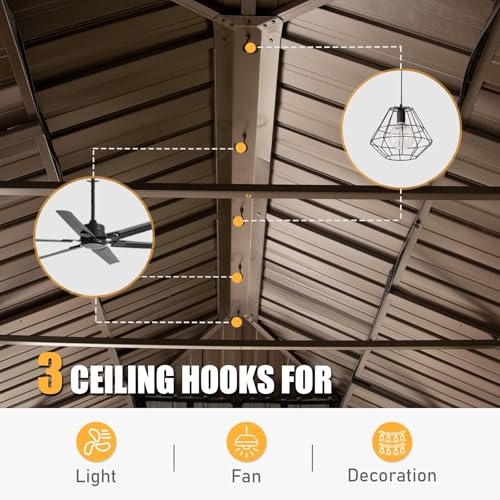 LOPOO Outdoor Living Hardtop Gazebo Metal Structure with Double Roof & Curtains Yellow Brown