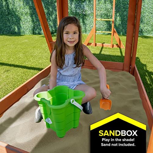 Sportspower Olympia Wood Swing Set with 3 Swings, Slide & Monkey Bars Natural/Green
