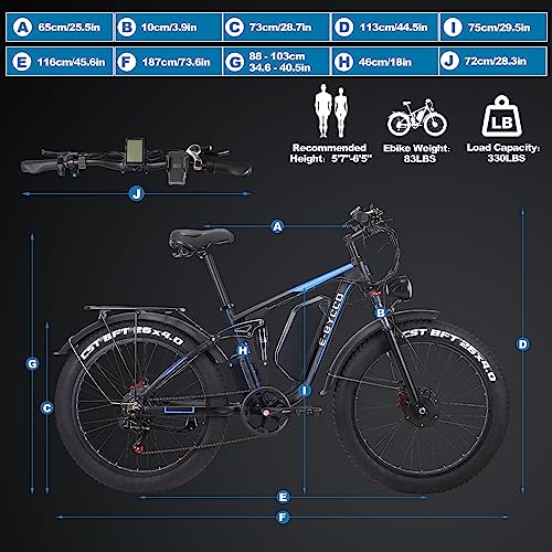 E·Bycco Dual 1000W Motors 2000W Electric Bike for Adults, 35MPH 48V 23Ah Battery Electric Bicycle, Full Suspension 26"*4.0 Fat Tire Hydraulic Disc Brake, Beach Off-Road Mountain E-Bike for Men EB7Pro Blue/2000W/Dual Motor