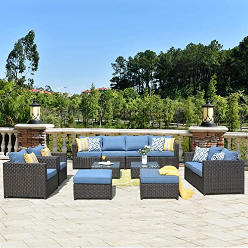 Oviros 12-Piece Patio Furniture Set Outdoor Wicker Rattan Sofa Brown Wicker, Blue