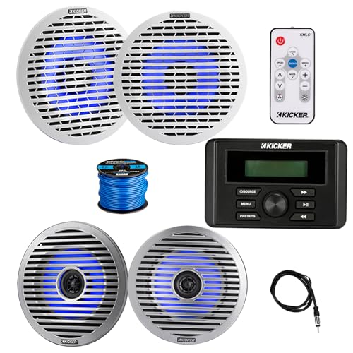 KICKER Marine Bluetooth AM/FM Receiver with 4X 6.5" 130W LED Boat Speakers & Grilles