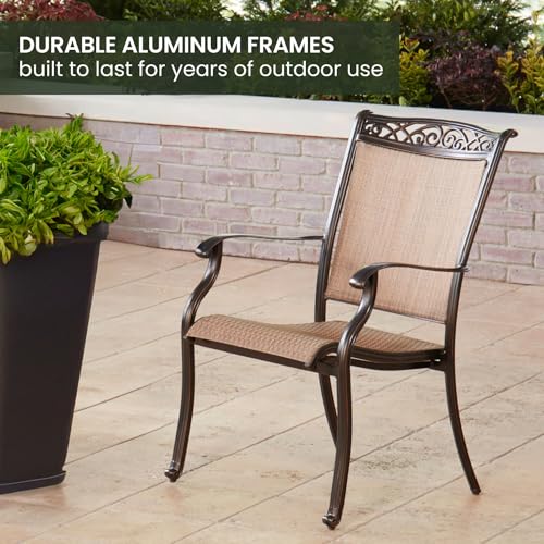 Hanover Fontana 9-Piece Outdoor Patio Dining Set with 60'' Cast-Top Table and 8 Sling Swivel Rocker Chairs Tan