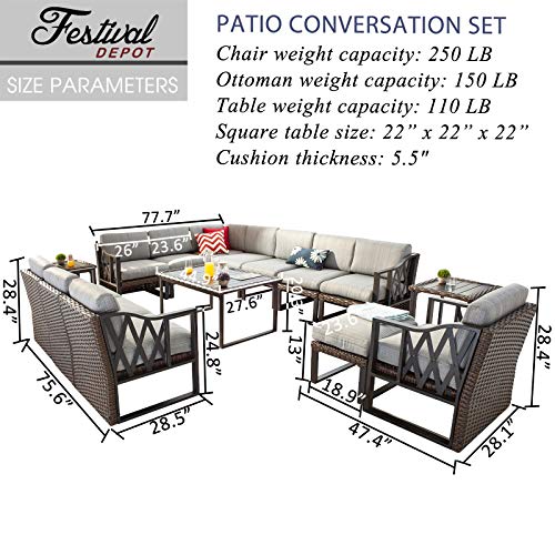 Festival Depot 15Pc Outdoor Patio Conversation Set with Sectional Corner Sofa, Wicker Ottoman, Metal Frame, and Grey Cushions