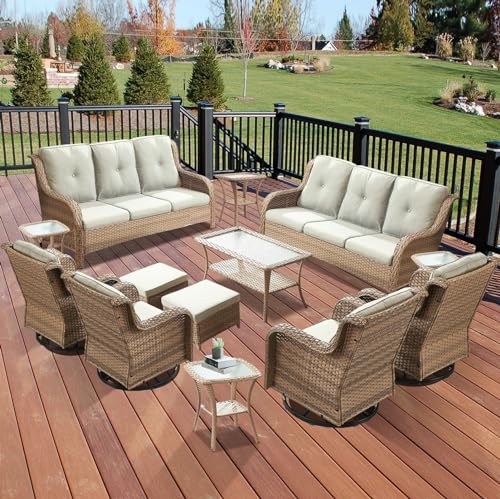 Artfurniz 13 Piece Wicker Patio Furniture Set with 4 Swivel Rocker Chairs, 2 Couches, Ottomans, and Tables - Yellow Wicker / Beige Cushion