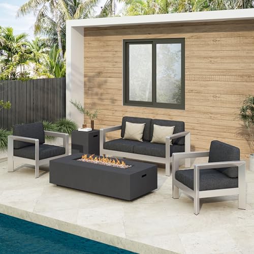 Christopher Knight Home Pismo Outdoor 4-Seater Aluminum Conversation Set with Fire Pit Silver + Dark Gray