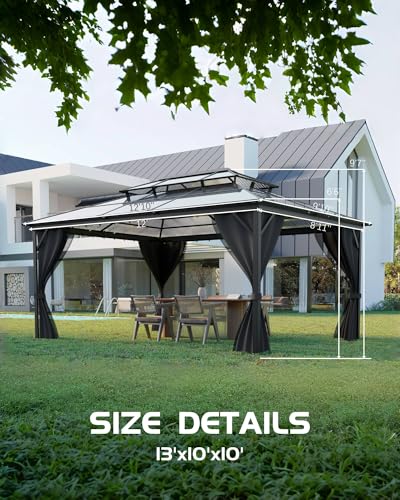 GAOMON Hardtop Gazebo 10'x13' with Double Polycarbonate Roof and Aluminum Alloy Frame Gray