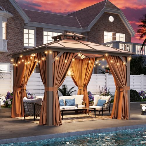 Aoxun 10'x10' Hardtop Gazebo with Netting and Curtains Brown