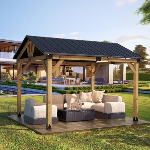 COSIEST 10x12FT Cedar Wood Gazebo with Galvanized Steel Gable Roof Cedar - Single Roof