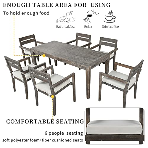 LOUHME 7-Piece Outdoor Patio Dining Table Set with Acacia Wood Table & Chairs Grey