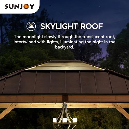 Sunjoy Hardtop Gazebo 11x13 ft Cedar Frame Brown Steel Polycarbonate Roof Brown + Natural Wood
