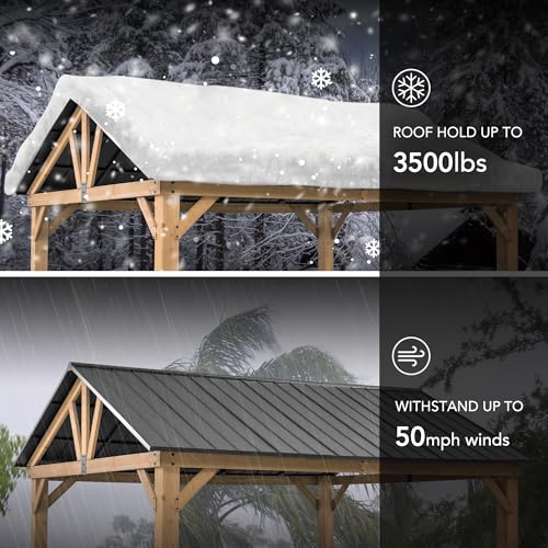 Sunjoy 13x15 ft Wood Gazebo with Black Steel Hardtop Roof and Natural Cedar Frame