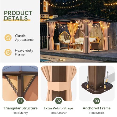 Aoxun 10'x12' Hardtop Gazebo Brown with Lights