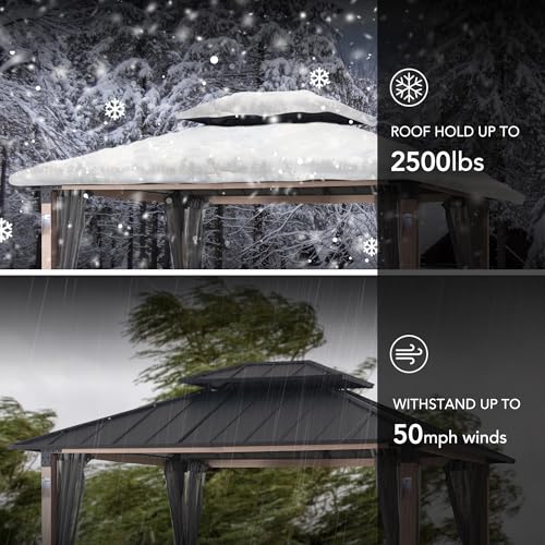 Sunjoy Hardtop Gazebo 10x12 ft with LED Lights, Remote Control & Netting Black