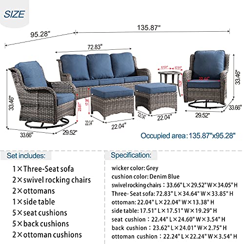 Generic 6 Piece Outdoor Patio Furniture Set Wicker Conversation Bistro Set with Swivel Rocking Chairs and Side Table Denim Blue