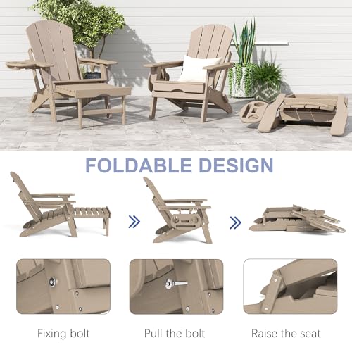 FOOWIN Adirondack Chair with Retractable Ottoman, Adjustable HDPE Folding Chair Set of 4, All-Weather Resistant, Brown
