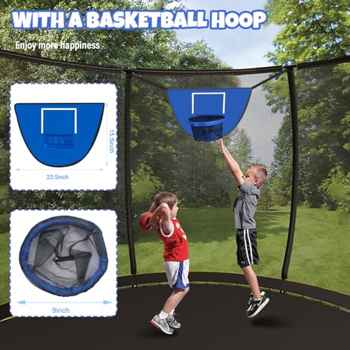 Kiivakii Outdoor Trampoline with Basketball Hoop & Enclosure Net, 12FT/14FT, Blue