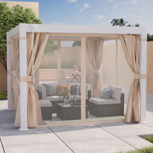 COSIEST 10'×10' Louvered Aluminum Pergola with Adjustable Roof, Netting & Curtains White