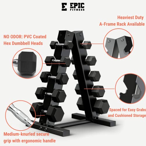Epic Fitness Premium Hex Dumbbell Set with A-Frame Rack Black