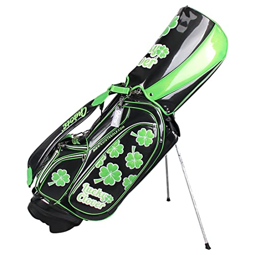 Guiote Golf Stand Bag Pu Leather Golf Carry Bag Embroidery Series 8-Ways 9.0" Black Lucky Clover