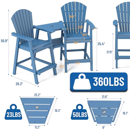 FOOWIN Tall Adirondack Chairs Set of 4 Recycled Poly Patio Stools with Tray Navy Blue