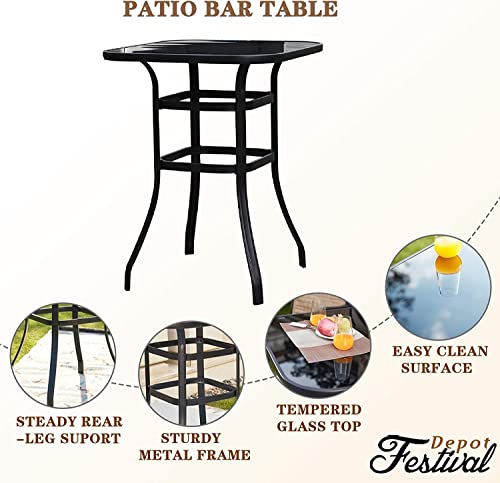 Festival Depot 8pcs Patio Dining Set Bar Height Stools Swivel Bistro Chairs Tempered Glass Top Table Metal Outdoor Furniture Brown