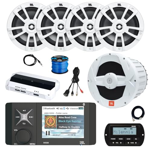 Enrock Marine JBL R4500 Marine USB Bluetooth AM/FM Radio Receiver with 4x 8" Speakers, Subwoofer, Amplifier, and Remote White