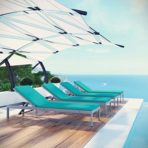 Modway Shore Aluminum Outdoor Patio Chaise Lounge Chairs with Cushions Silver Turquoise