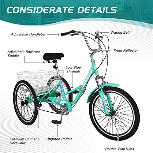 LILYPELLE Adult Folding Tricycle 7 Speed 26 inch Light Green