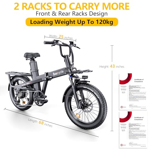 Baicycle Folding Electric Bike 62-Mile Range 48V Removable Battery 20-Inch Fat Tire Grey