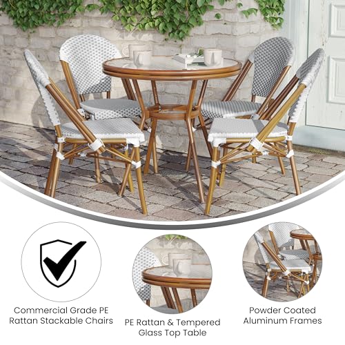 Flash Furniture Lourdes Indoor/Outdoor Commercial Bistro Set - Tempered Glass Top Table with 4 Chairs - White & Gray Rattan/Natural Frame