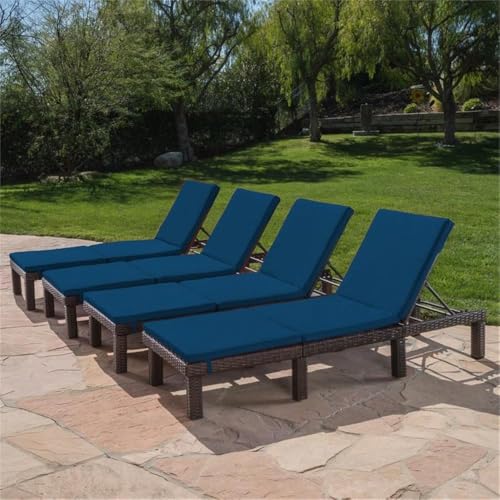 Noble House Jamaica MultiBrown Wicker Chaise Lounge Set of 4 with Blue Cushion