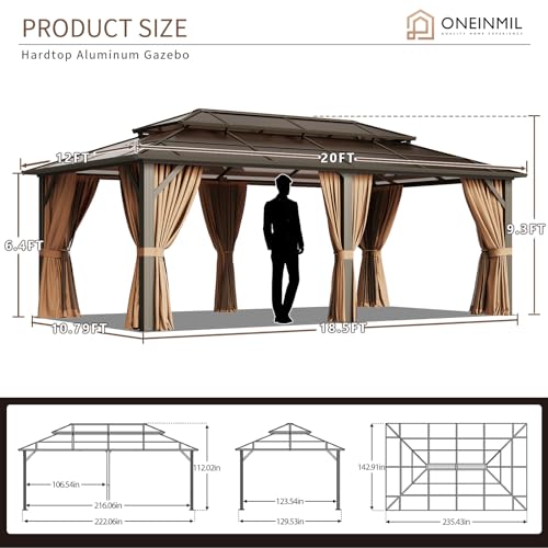 oneinmil 12'x20' Hardtop Gazebo with Netting and Curtains, Aluminum Frame, Heavy Duty Canopy for Patio, Backyard, Lawn Brown