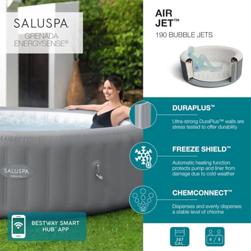 Bestway SaluSpa Grenada AirJet Inflatable Hot Tub with Non-Slip Seats and Padded Headrests, Gray