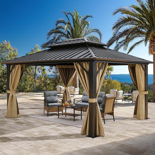 YITAHOME 10x12ft Hardtop Gazebo Double Roof Canopy with Netting and Curtains Brown