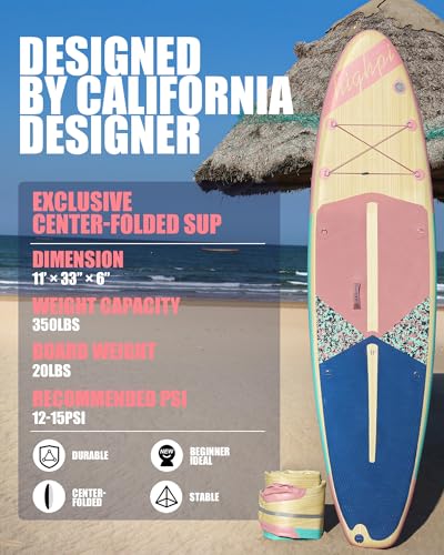 Highpi Inflatable Stand Up Paddle Board Vertically Center-Folded SUP Pink Wood