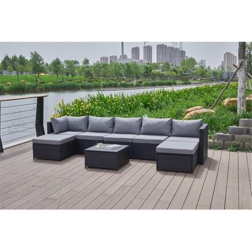 Pemberly Row Gray Wicker/Rattan Sectional with Storage Ottoman Grey