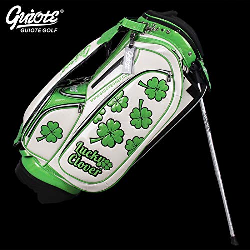 Guiote Golf Stand Bag Pu Leather Golf Carry Bag Embroidery Series 8-Ways 9.0" White Lucky Clover