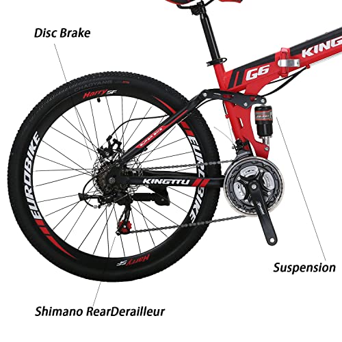 EUROBIKE 26” Full Suspension Mountain Bike 21 Speed Folding Bicycle Men or Women MTB G6 Red