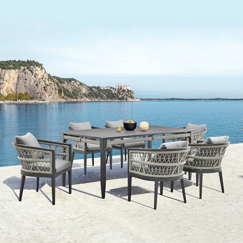 Armen Living Zella Outdoor Patio Dining Chair Set of 2 Aluminum Light Gray Rope with Earl Gray Cushions