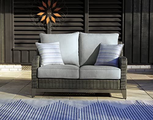 Signature Design by Ashley Outdoor Elite Park Patio Wicker Loveseat with Cushion Grey