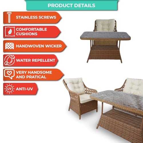 Angora Shira Rattan Outdoor Furniture Set with Glass Table and Armchairs Brown