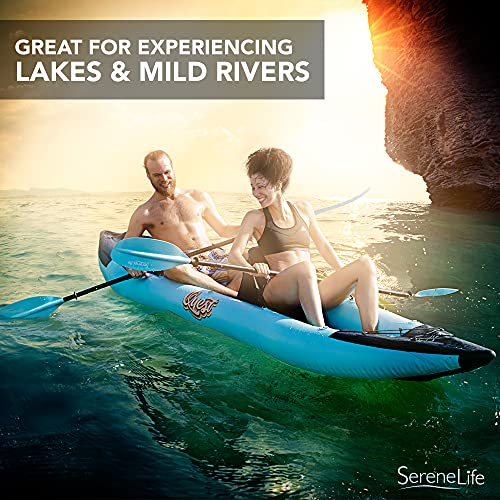 SereneLife 2 Person Inflatable Kayak - Double Kayak with Aluminum Paddles, Repair Kit - Lightweight, Portable Adult Kayaks with High-Output Pump - Durable Vinyl Kayak - Aqua