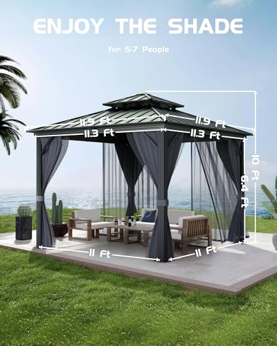 GAOMON Hardtop Gazebo 12'x12' with Double Metal Roof and Aluminum Frame Gray