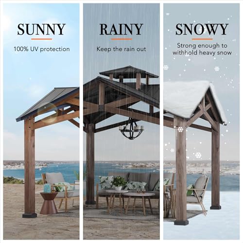 Sunjoy 12.5 x 12.5 ft. Hardtop Gazebo Outdoor Cedar Frame with Steel Roof Black