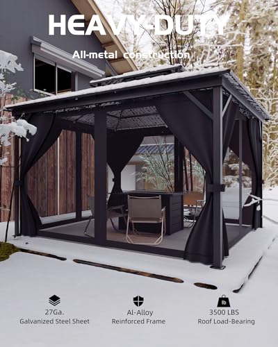 GAOMON Hardtop Gazebo 12'x14' Aluminum Frame with Double Metal Roof, Net & Curtain Gray