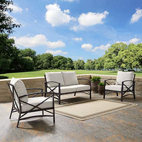 Crosley Furniture Kaplan 3-Piece Outdoor Loveseat Patio Furniture Set Oiled Bronze with Oatmeal Cushions