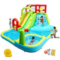 WELLFUNTIME Inflatable Water Slide Park with Splash Pool, Climbing Wall, Sport Balls, Water Guns, and Air Blower