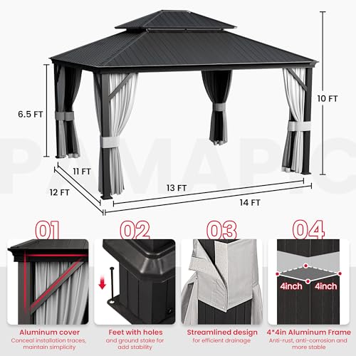 Pamapic 12'x14' Hardtop Gazebo with Netting and Curtains Black